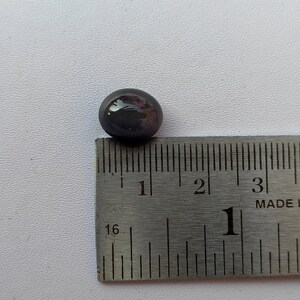 May include: A dark gray oval-shaped gemstone measuring approximately 1 inch in diameter, next to a ruler.