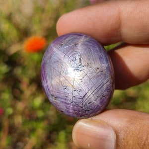 May include: A purple star sapphire cabochon with a six-rayed star.