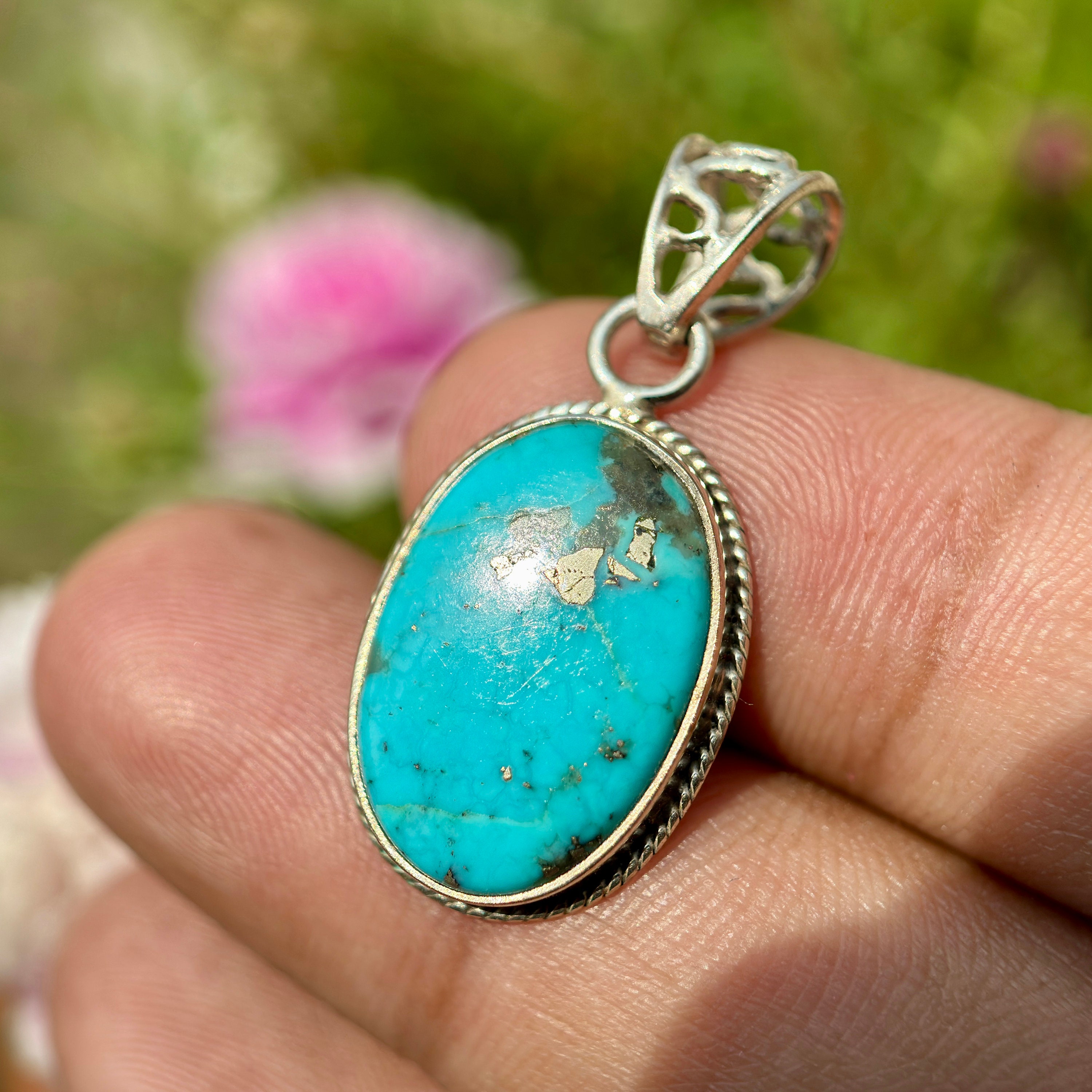 【本物】turquoise stone ネックレスチャーム　silver925 Natural Turquoise Pendant Sterling Silver -tibetan Turquoise Stone