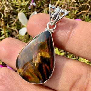 Fire Pietersite Pendant - Natural Storm Stone Jewelry - Blue and Gold Chatoyant Gemstone Necklace image 1