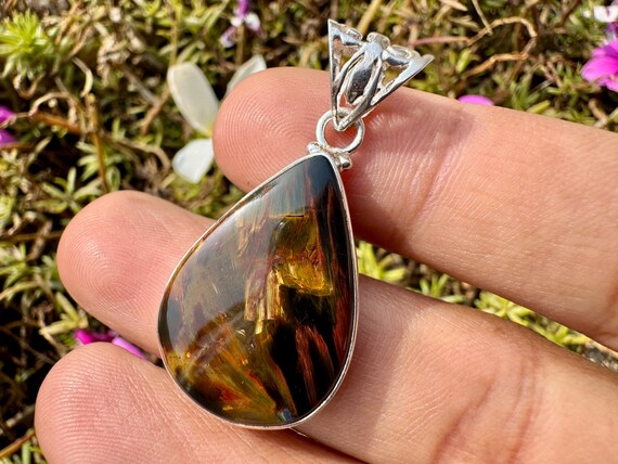 Fire Pietersite Pendant - Natural Storm Stone Jewelry - Blue and Gold Chatoyant Gemstone Necklace