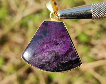 Pode incluir: Um pingente de ouro com uma pedra roxa e preta em forma de leque.