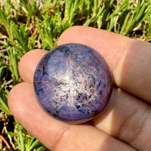 May include: A purple star sapphire cabochon with a six-rayed star pattern. The stone is set in a silver ring.