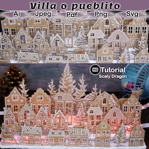 13 Siluetas de casas, pinos, venado Plantillas de una villa navideña de jengibre para cortar Cricut, Silhouette, Laser, Scan cut, portrait