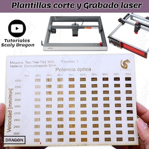 Puede incluir: Una tarjeta blanca con una cuadrícula de cuadrados que muestra diferentes ajustes de grabado láser para una máquina de corte láser Two Tree TS2 10W. La tarjeta está etiquetada con "Potencia óptica" y muestra diferentes niveles de potencia del 10% al 100%. La tarjeta también muestra diferentes velocidades de 2200 mm/min a 3000 mm/min. La tarjeta está hecha de contrachapado de 3 mm.
