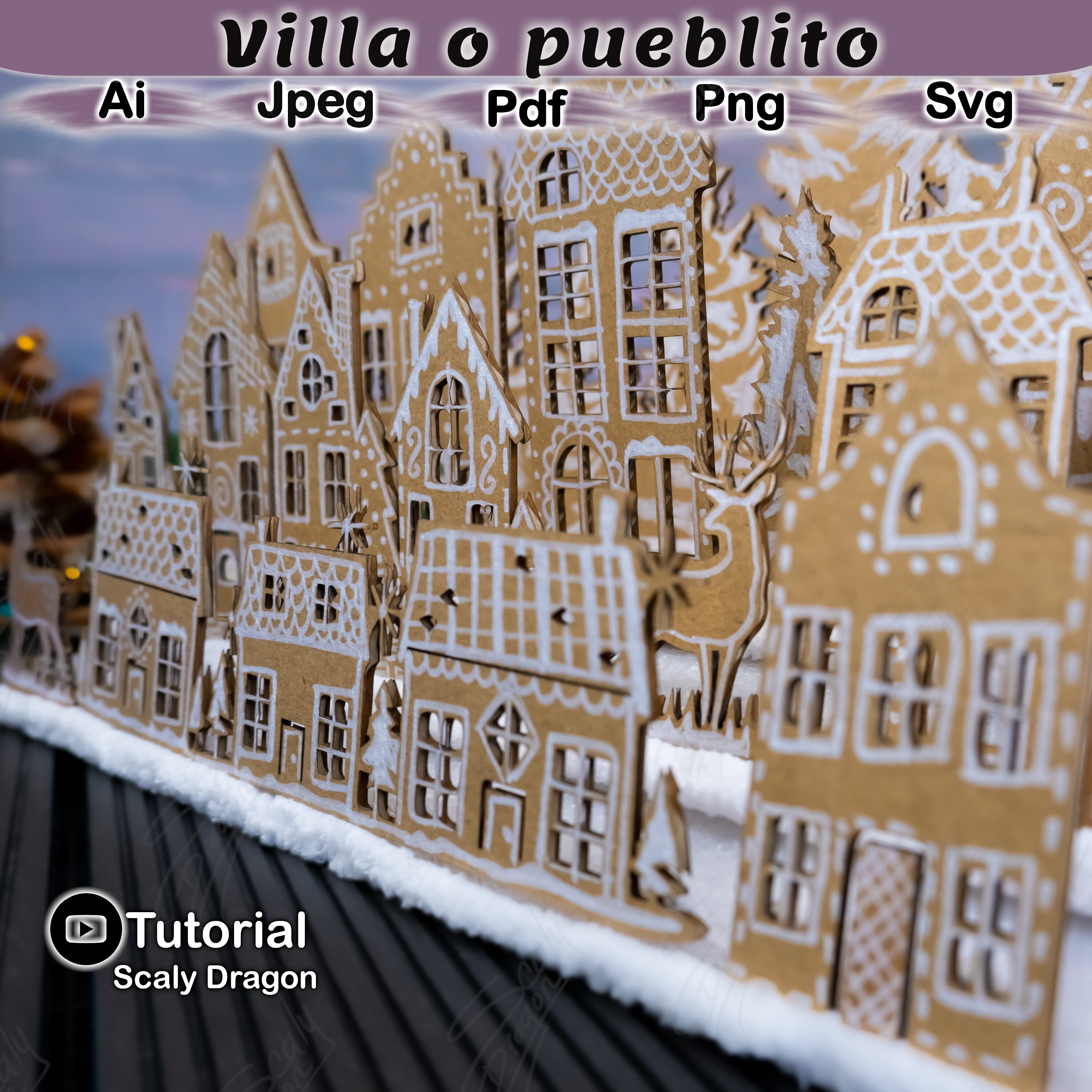 13 Siluetas de casas, pinos, venado Plantillas de una villa navideña de ...