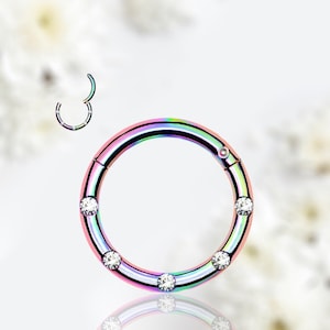 16G Rainbow Round Hinged Septum Piercing Clicker Ring - Clear Gems