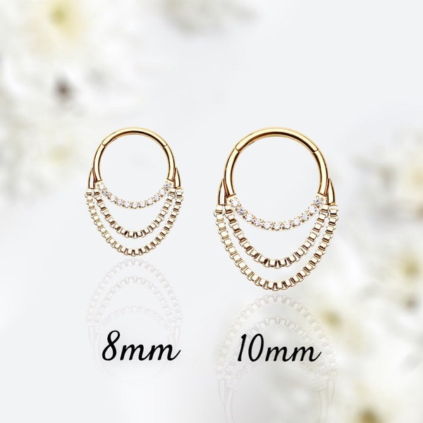 16G Gold Dangling Chains Septum Piercing Clicker Hoop Ring Beautiful Front Gem Chain Dangle Septum Jewelry Nose Hoop Ring