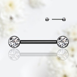 14G Implant Grade Titanium Internally Threaded Black Bezel Set Clear Stone Nipple Rings Barbell Simple Style Titanium Nipple Jewelry
