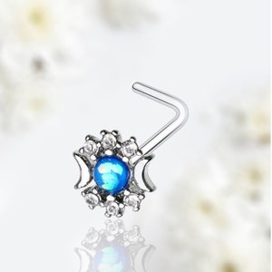20G Blue Opal Crescent Moon L Shape Nose Piercing Stud, Cute Dainty Opal Decor Nose Ring Stud, L Bend Type Nose Piercing Jewelry