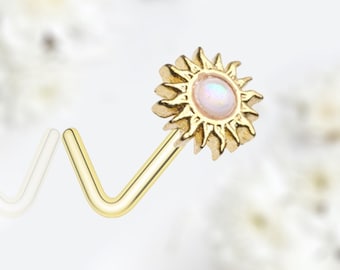 20G Gold White Opal Sun L Shape Nose Stud