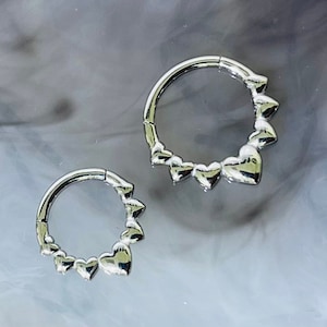 16G Silver Hearts Seamless Hinged Septum Clicker Ring, Daith Piercing Ring Jewelry