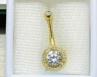 10K Solid Gold 14G Clear Center Stone with Halo Setting Belly Button Ring