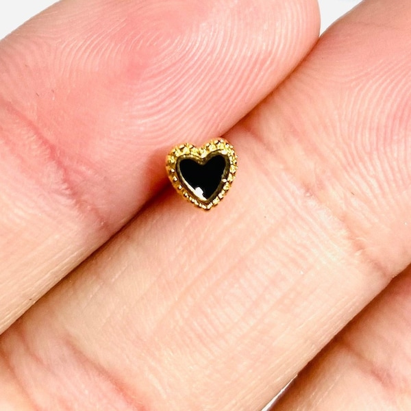 20G Dainty Gold and Black Valentine Heart Nose Stud with Ball. Nose Ring. Nose Stud. Nose Piercing. Nose Jewelry
