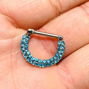 14G Double Line Blue Gem Decor Septum Clicker Ring Simple Style Septum Piercing Jewelry Clicker Nose Ring