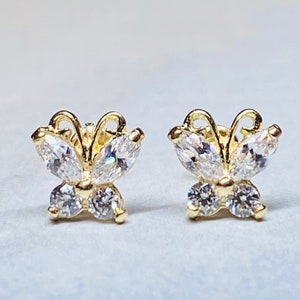 14K Real Gold Butterfly with Clear Stones Screw Back Earrings. 14K Gold. 14K Earrings. 14K Gold Jewelry.