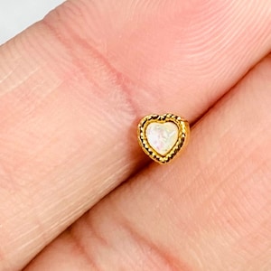 20G Dainty Gold White Opal Glitter Heart Nose Stud with Ball End, Cute Little Heart Top Nose Stud Nose Piercing Jewelry
