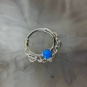 16G Blue Opal Septum Piercing Clicker Hoop Ring Decorative Design Opal Nose Ring Septum Jewelry