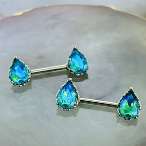 Pair of 14G Sparkling Clear Aqua Effect Teardrop Stones Nipple Barbells. Nipple Piercing. Nipple Rings. Nipple Jewelry