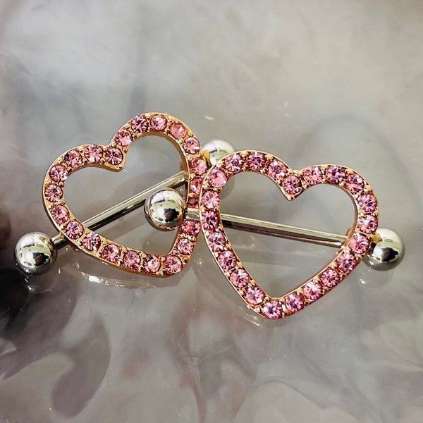 14G Rose Gold Sparkling Heart with Paved Pink Crystal Stones Nipple Barbells. Nipple Jewelry. Nipple Piercing. Body Jewelry.