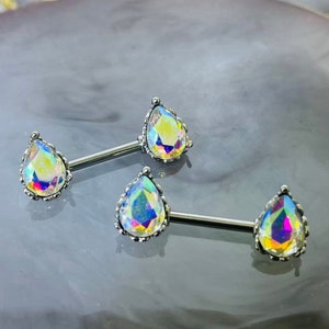 Pair of 14G Sparkling Clear Multicolor Fire Teardrop Stones Nipple Barbells. Nipple Piercing. Nipple Rings. Nipple Jewelry