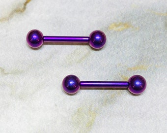 Pair of 14G Internally Threaded Implant Grade Titanium Purple 12mm & 16mm Nipple Barbells. Nipple Rings. Nipple Jewelry. Nipple Piercing.