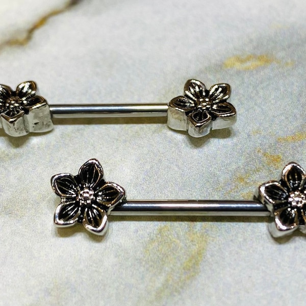 14G Antique Silver Heirloom Flowers Nipple Barbells. Nipple Piercings. Nipple Rings. Nipple Jewelry.