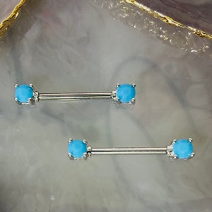 Pair of 14G Silver Turquoise Gem Nipple Barbell. Nipple Rings. Nipple Piercing. Nipple Jewelry. Body Jewelry. Body Piercing.