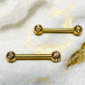 2pc 14G Gold Nipple Barbells Simple Style Gold Gem Balls Nipple Rings Nipple Piercing Barbell Jewelry