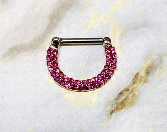 16G Pink Gem Decor Septum Piercing Clicker Hoop Ring Double Line Bling Gem Simple Style Septum Piercing Jewelry Nose Ring