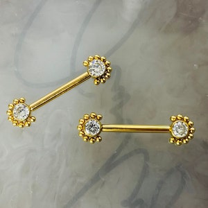 14G Implant Grade Titanium Internally Threaded Nipple Piercing Barbell Sparkle Gem Beaded Decor Gold Nipple Piercing Jewelry Nipple Rings