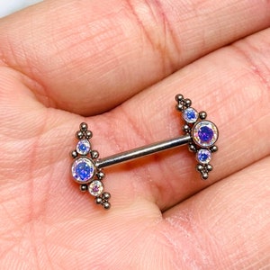 14G Pair of Implant Grade Titanium Internally Threaded Multicolor Stone with Bezel Setting Nipple Barbells. Nipple Rings. Nipple Piercing