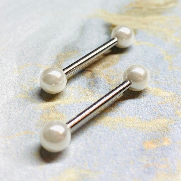 Pair of 14G White Pearls Nipple Barbells. Nipple Piercing. Nipple Jewelry. Nipple Rings