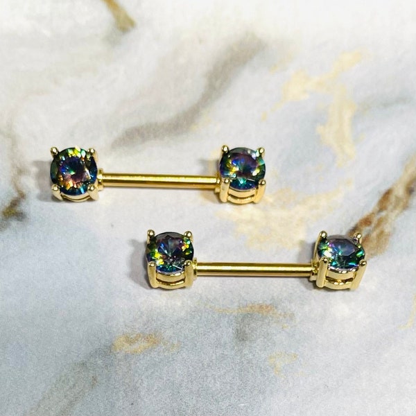 Pair of 14G Prong Set Hold with Sparkling 6mm Multicolor Gem Ends Nipple Barbells. Nipple Rings. Nipple Piercing. Nipple Jewelry