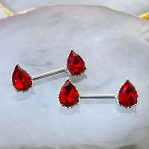 Pair of 14G Sparkling Clear Red Effect Teardrop Stones Nipple Barbells. Nipple Piercing. Nipple Rings. Nipple Jewelry