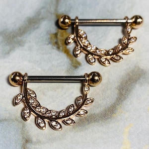 14G Rose Gold Sparkling Paved Stone Hanging Leaves Nipple Barbells. Nipple Piercings. Nipple Jewelry. Nipple Rings.