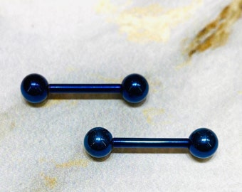 Pair of 14G Internally Threaded Implant Grade Titanium Plain Blue 12mm & 16mm Nipple Barbells. Nipple Rings. Nipple Jewelry. Nipple Piercing