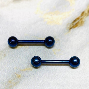 Pair of 14G Internally Threaded Implant Grade Titanium Plain Blue 12mm & 16mm Nipple Barbells. Nipple Rings. Nipple Jewelry. Nipple Piercing