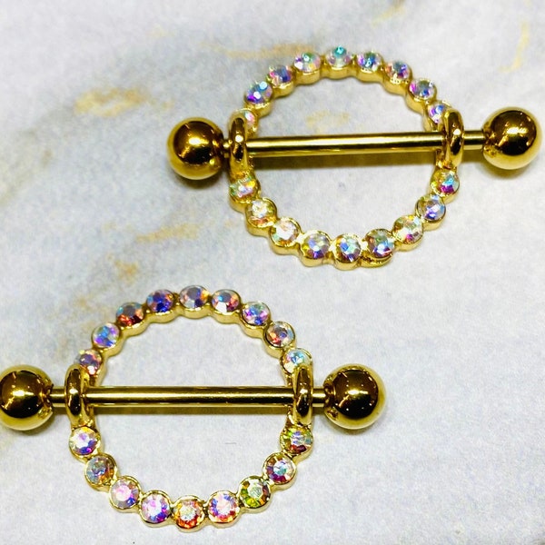 Pair of 14G Multicolored Crystals Orbital Nipple Shields. Nipple Rings. Nipple Jewelry. Nipple Piercings.