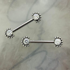 14G Implant Grade Titanium Internally Threaded Nipple Barbell Clear Sparkle Gem Beaded Decor Nipple Piercing Jewelry Titanium Nipple Rings