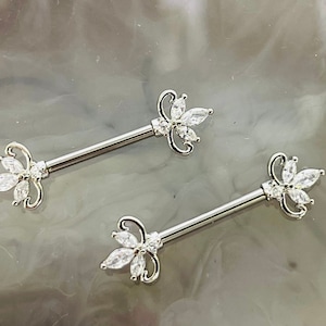 Pair of 14G Silver Clear Marquise Stones Nipple Barbell. Nipple Piercing. Nipple Rings. Nipple Jewelry.