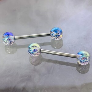 Pair of 14G Rainbow Iridescent Glitter Acrylic Ball Ends Nipple Barbells. Nipple Rings. Nipple Piercing. Nipple Jewelry.
