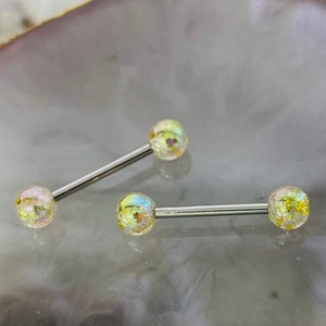 Pair of 14G Yellow Iridescent Glitter Acrylic Ball Ends Nipple Barbells. Nipple Rings. Nipple Piercing. Nipple Jewelry.