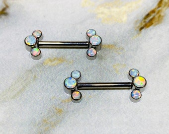 Pair of 14G Implant Grade Titanium Internally Threaded White Opal Nipple Barbells. Nipple Piercing. Nipple Jewelry. Nipple Barbells