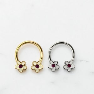 Flower Septum Ring, 16g Horseshoe Twist Floral Decor Gold Silver Septum Piercing Ring, Nose Piercing, Cartilage Earring