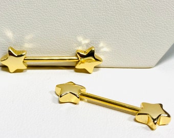 14G Gold Classic Star Nipple Barbell. Nipple Piercings. Nipple Rings. Nipple Jewelry