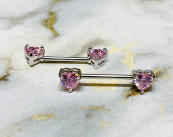 Pair of 14G Prong Set Silver Pink Heart Shape Nipple Barbells. Nipple Piercings. Nipple Rings. Nipple Jewelry