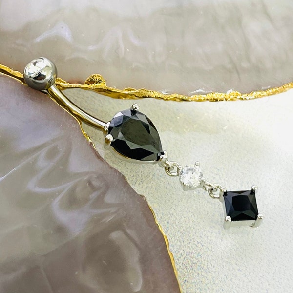 14G Black Dangling Princess Cut Stone and Teardrop Belly Button Ring