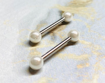 Pair of 14G White Pearls Nipple Barbells. Nipple Piercing. Nipple Jewelry. Nipple Rings