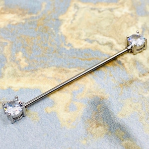 16G Silver Sparkling Round Clear Prong End 38MM Industrial Barbell. Industrial Piercing.